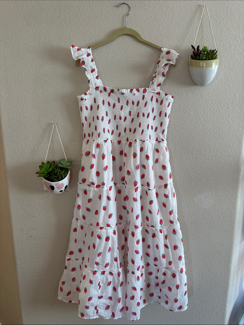 JCrew Strawberry Smocked Tier Skirt Maxi Midi Cotton Dress Large New